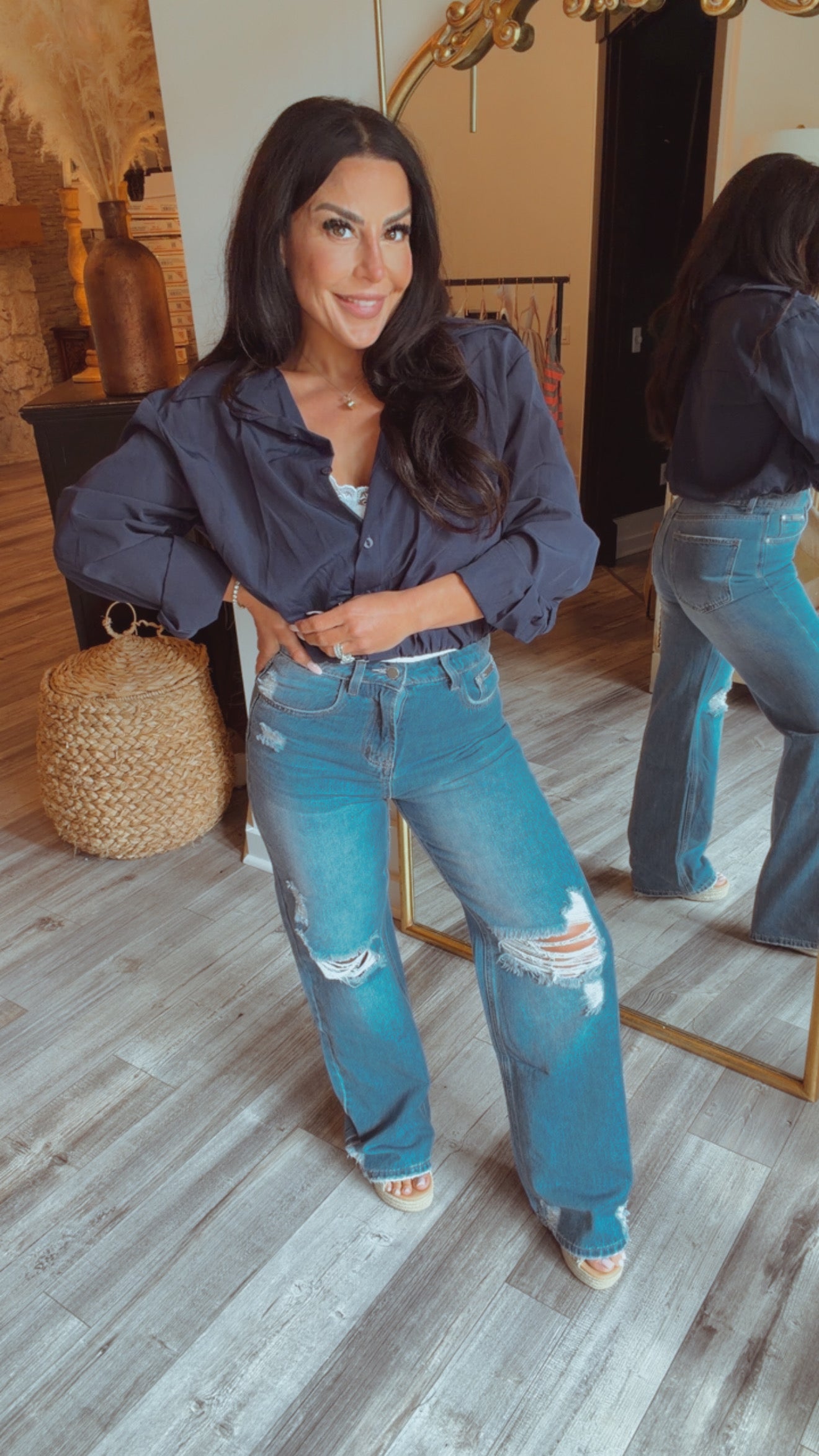 Medium Wash Distressed Wide Leg Jeans