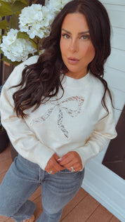 Ultra Soft White Lace Bow Crewneck