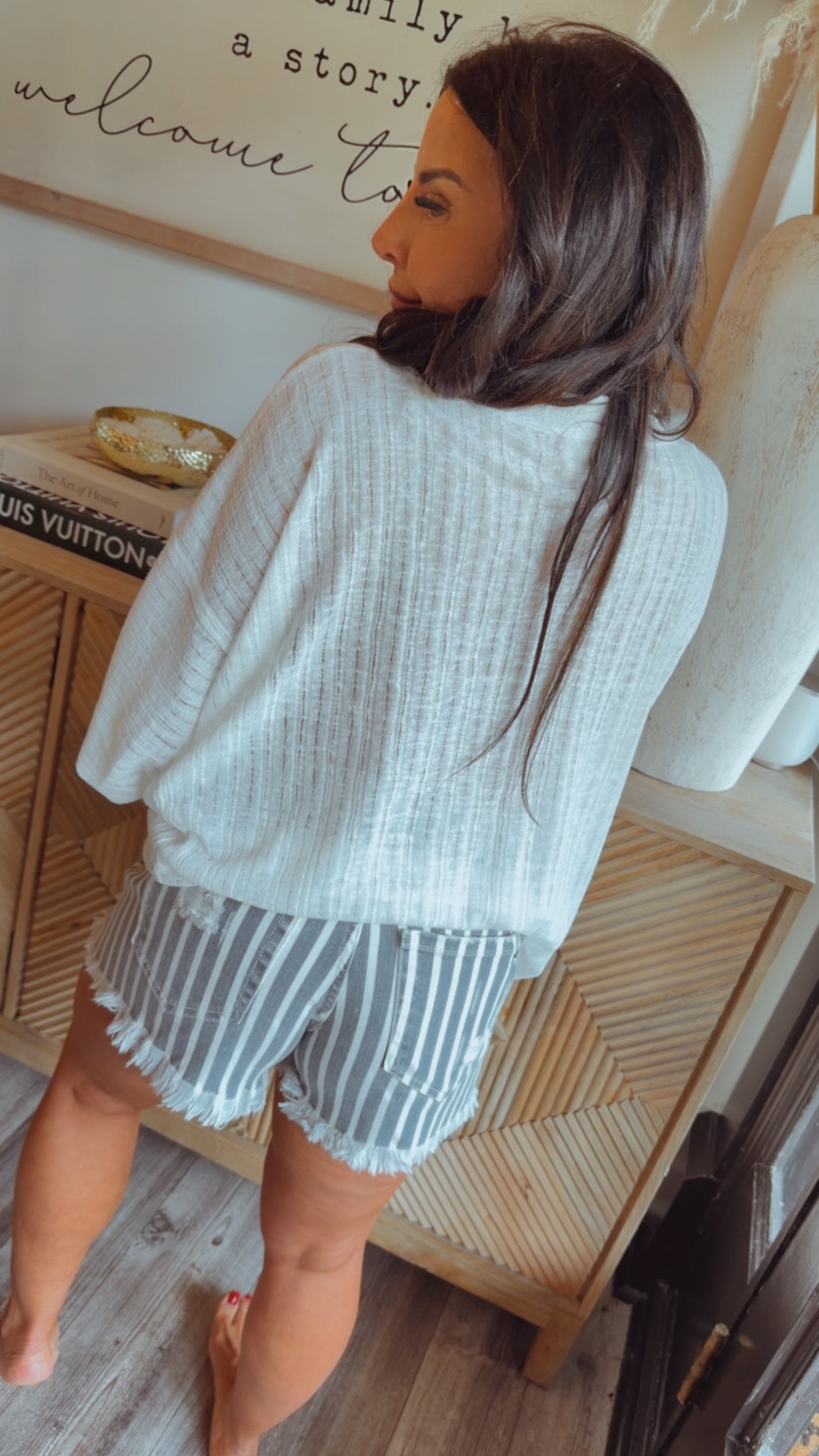 Mica Denim Blue and White Striped Raw Hem Denim Shorts