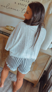 Mica Denim Blue and White Striped Raw Hem Denim Shorts