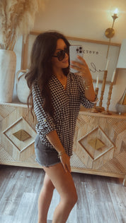 Soft Black and White Gingham 1/4 Sleeve Top