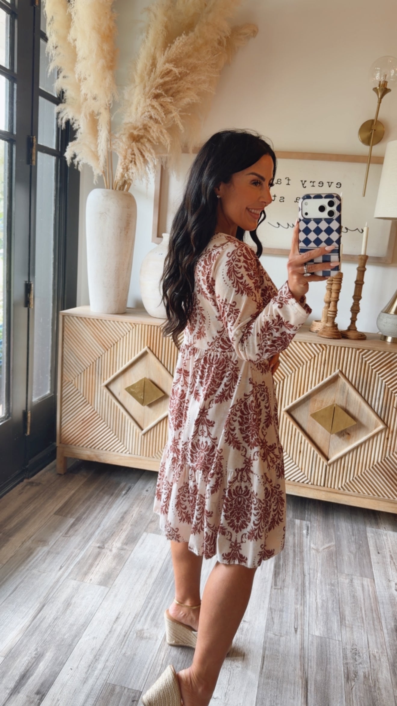 Cream and Brown Piasley Long Sleeve Dress