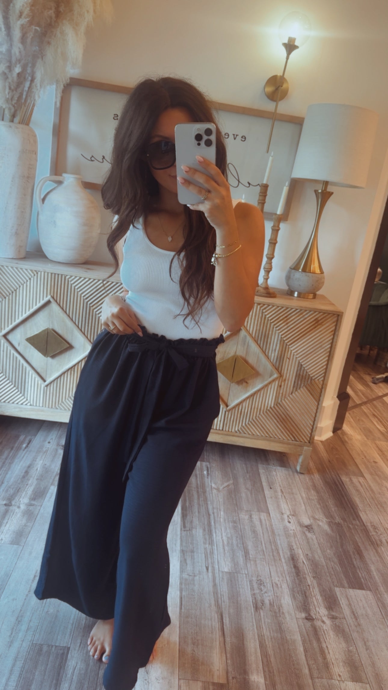 Soft Navy Flowy Pant With Tie Waist