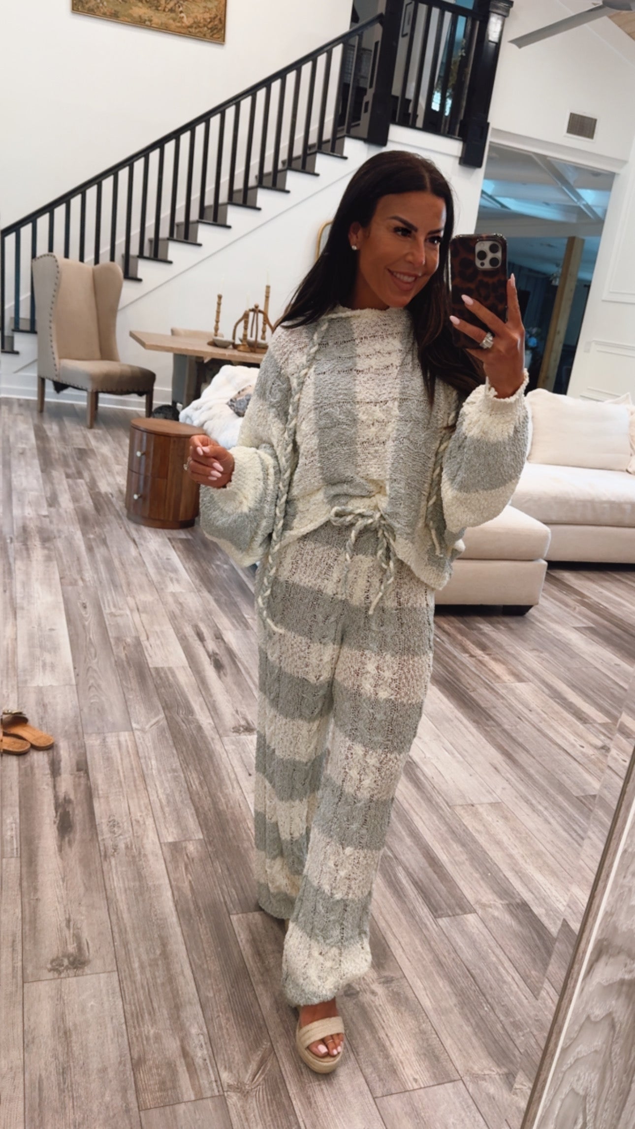 Cream And Sage Stripe Knit POL Joggers