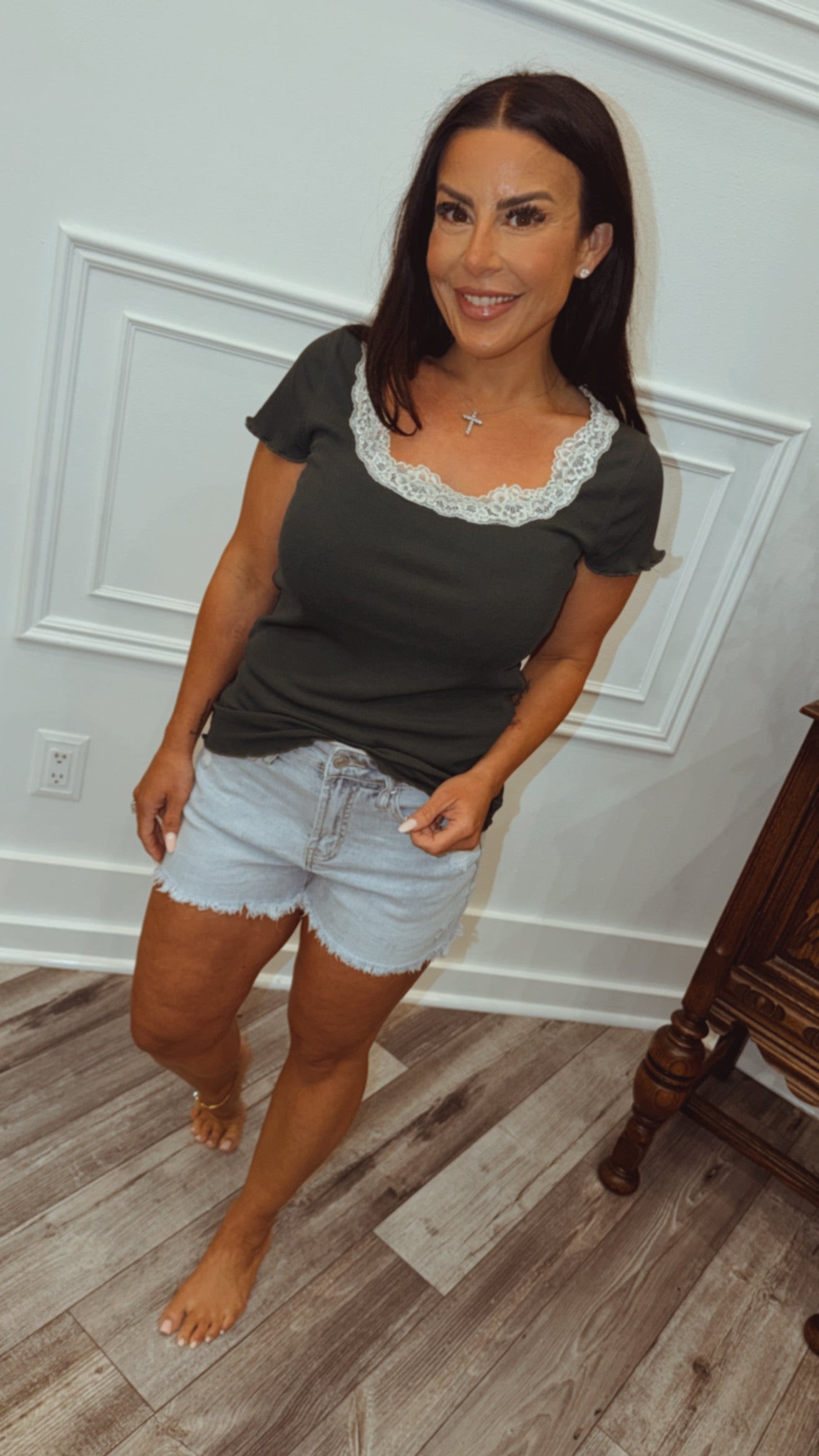 Forest Green Lace Trim Square neck Top