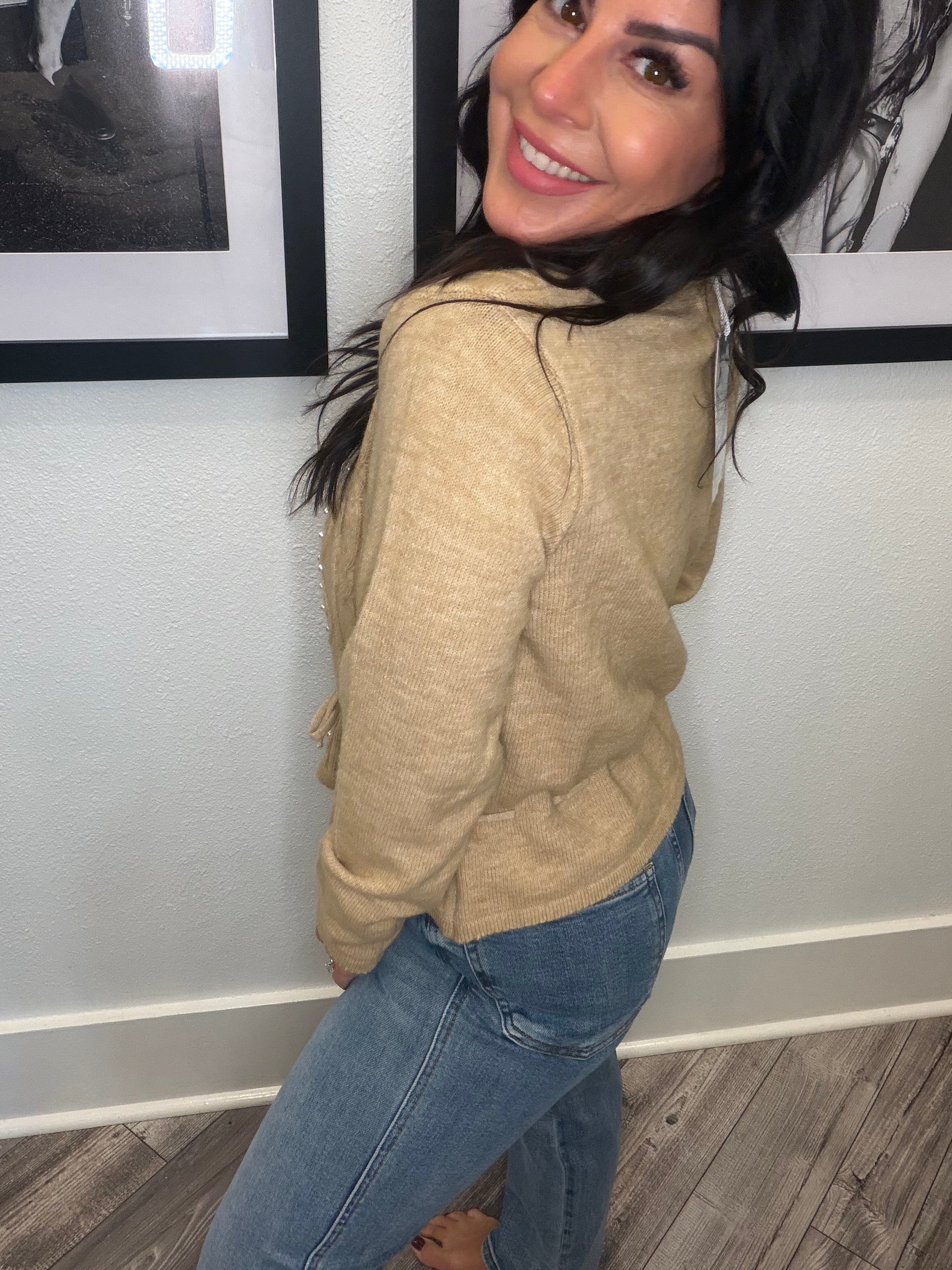 Light Brown Pearl Studded Button Up Cardi