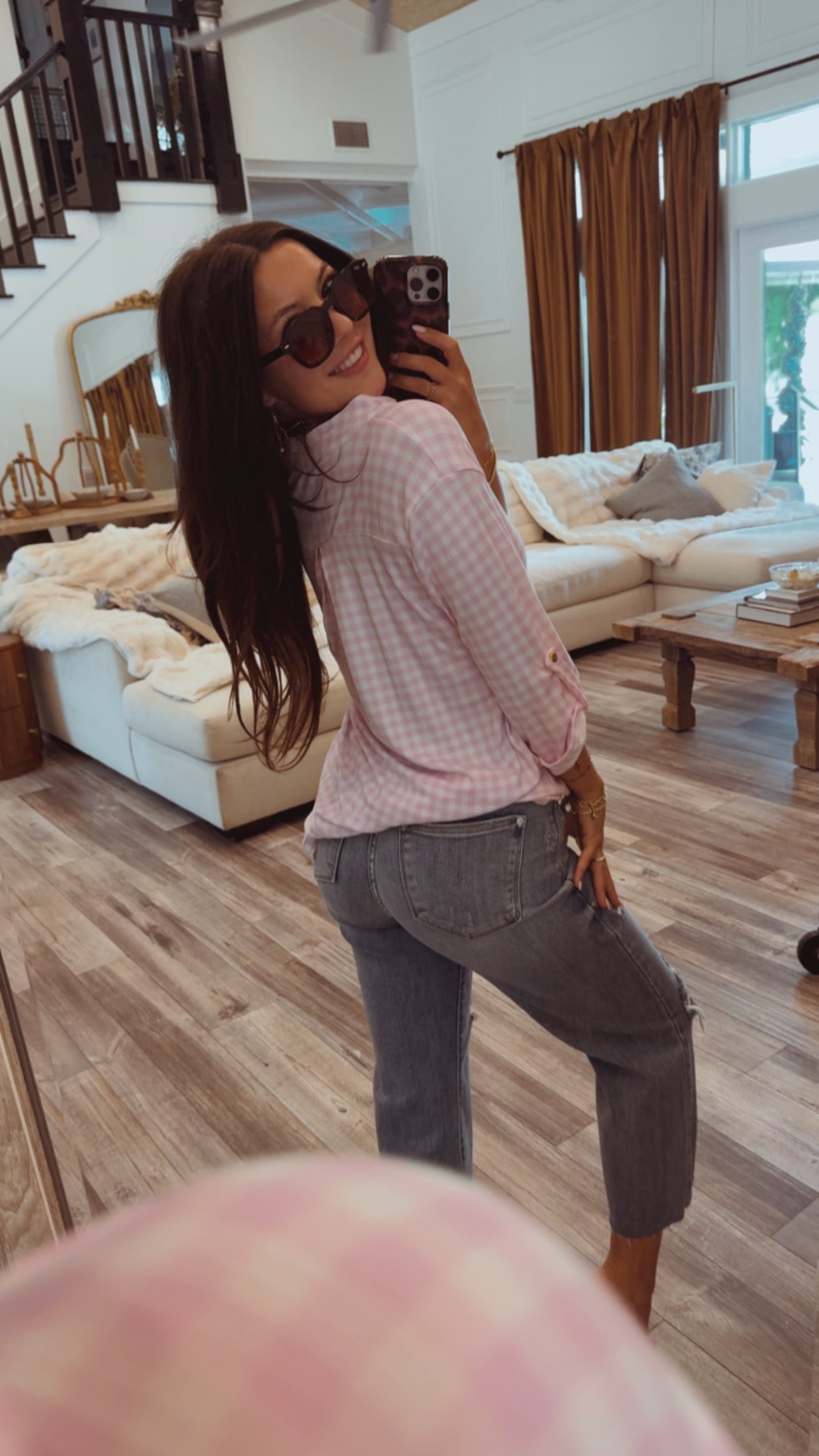 Purple and White Gingham Ultra Soft 3/4 Sleeve Top