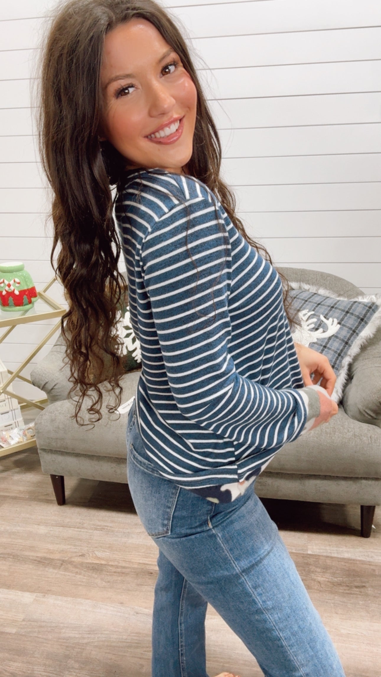 Navy and White Striped Camo Trimmed long Sleeve Top *Final Sale*