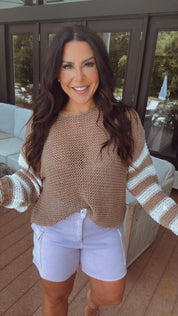 Coco and White Stripe Sleeve Lightweight Knit Long Sleeve Cozy Co  Top