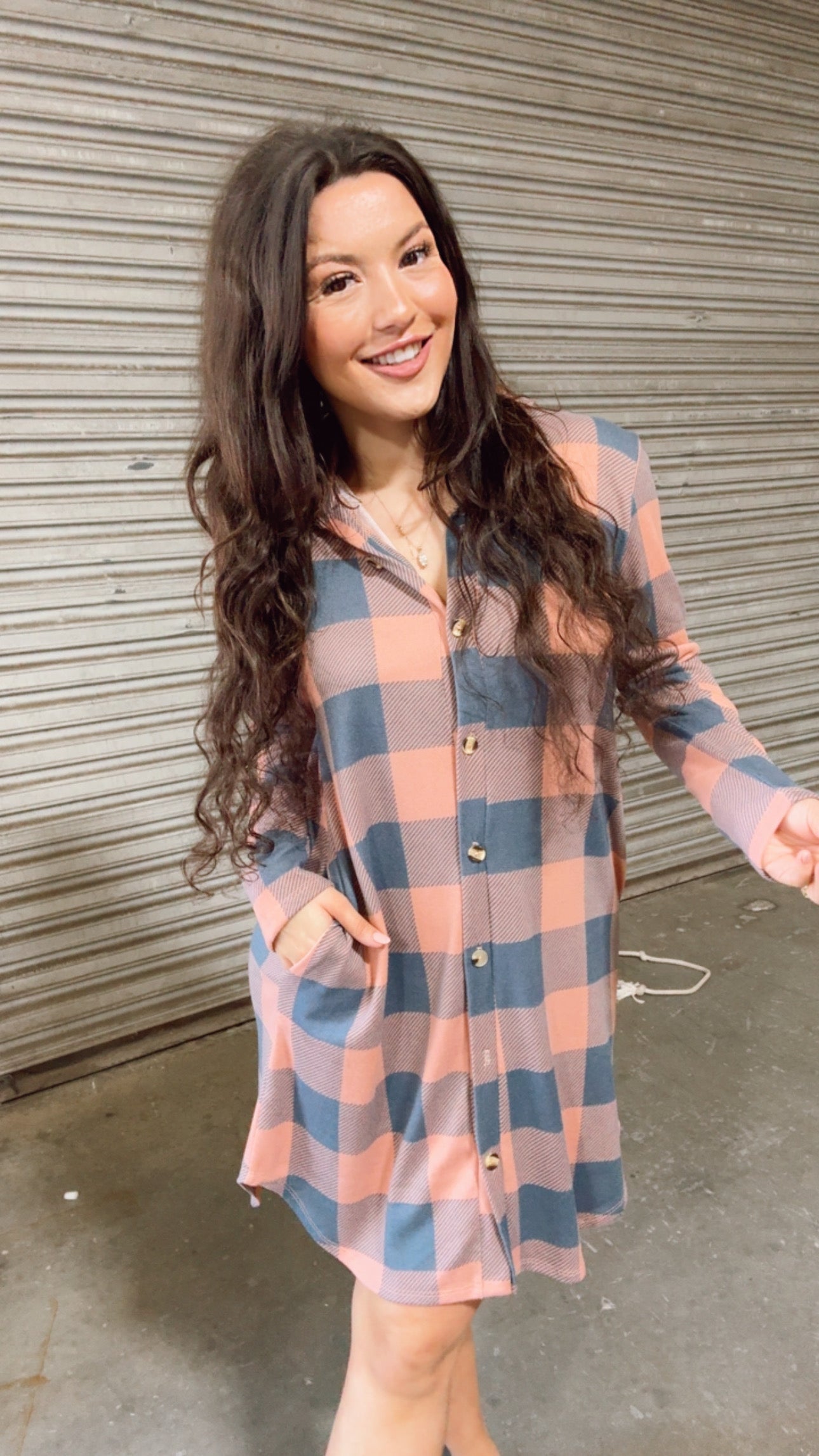 Pink and Blue Grey Plaid Button Up Dress *Final Sale*