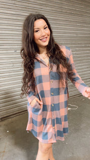 Pink and Blue Grey Plaid Button Up Dress *Final Sale*