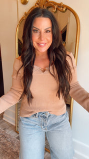 Taupe Ribbed Collar Gold Buckle Knit Crop Sweater