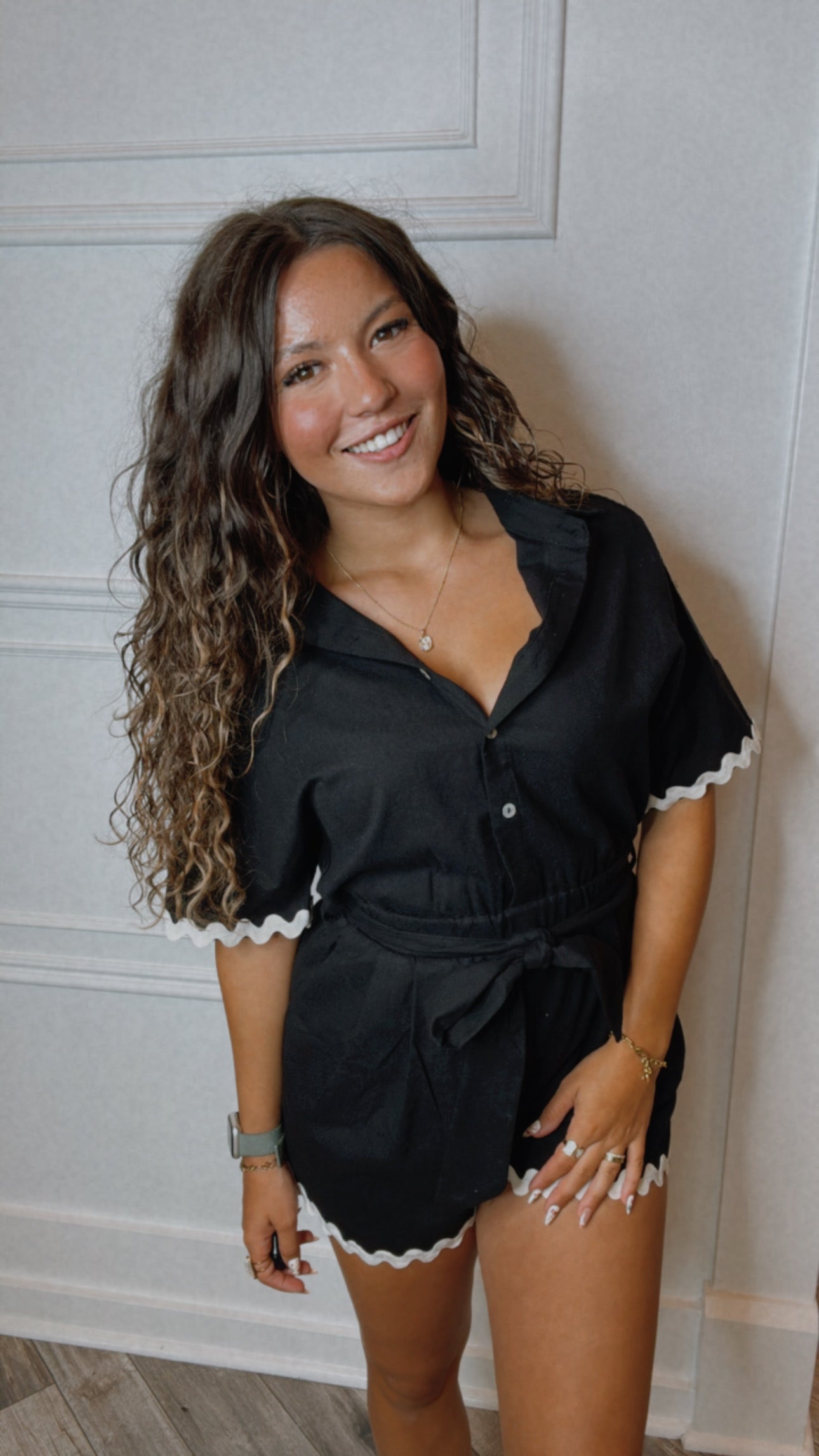 Black and White Scalloped Piped Romper