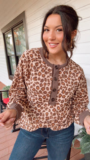 Brown Leopard 1/4 Button Long Sleeve Top