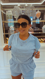 Light Blue Crustal Bow Studded Shorts