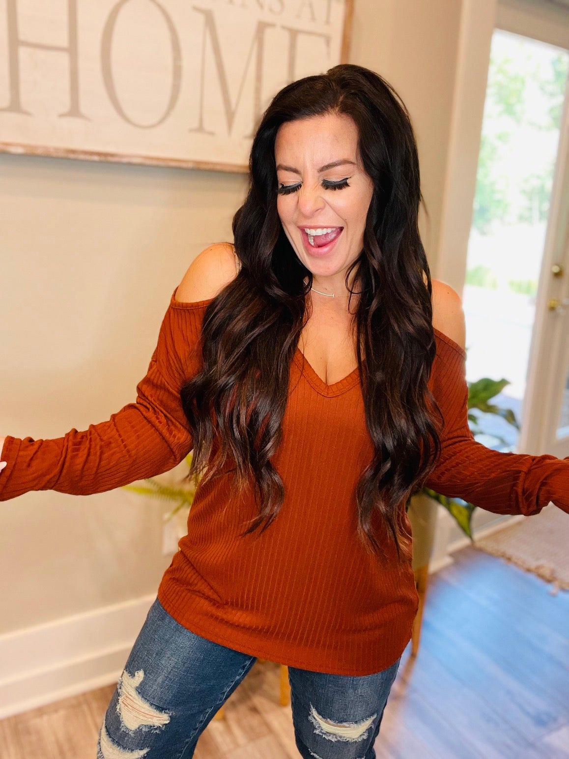 Soft Loose Fit Copper Cold Shoulder Sweater Top