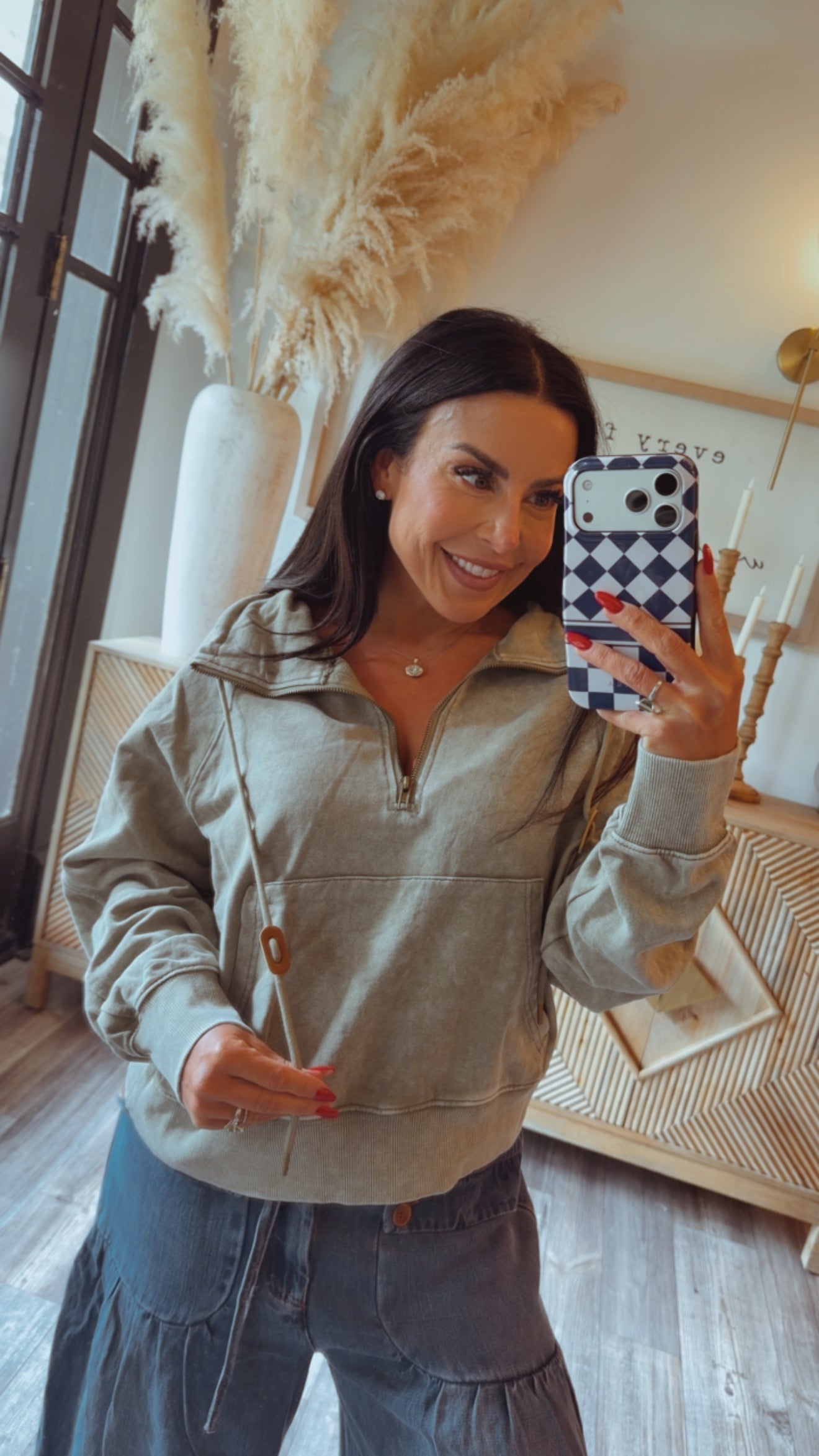 Stitch and CO Washed Olive Luxe Quarter Zip Pullover