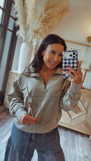 Stitch and CO Washed Olive Luxe Quarter Zip Pullover