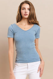 Reversible Short Sleeved Stonewashed Ribbed Stretch Top