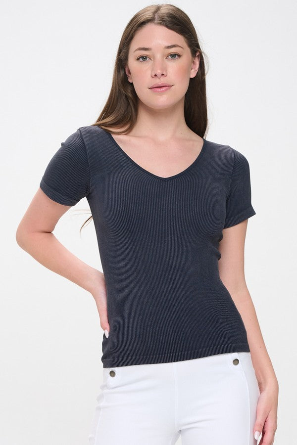 Reversible Short Sleeved Stonewashed Ribbed Stretch Top