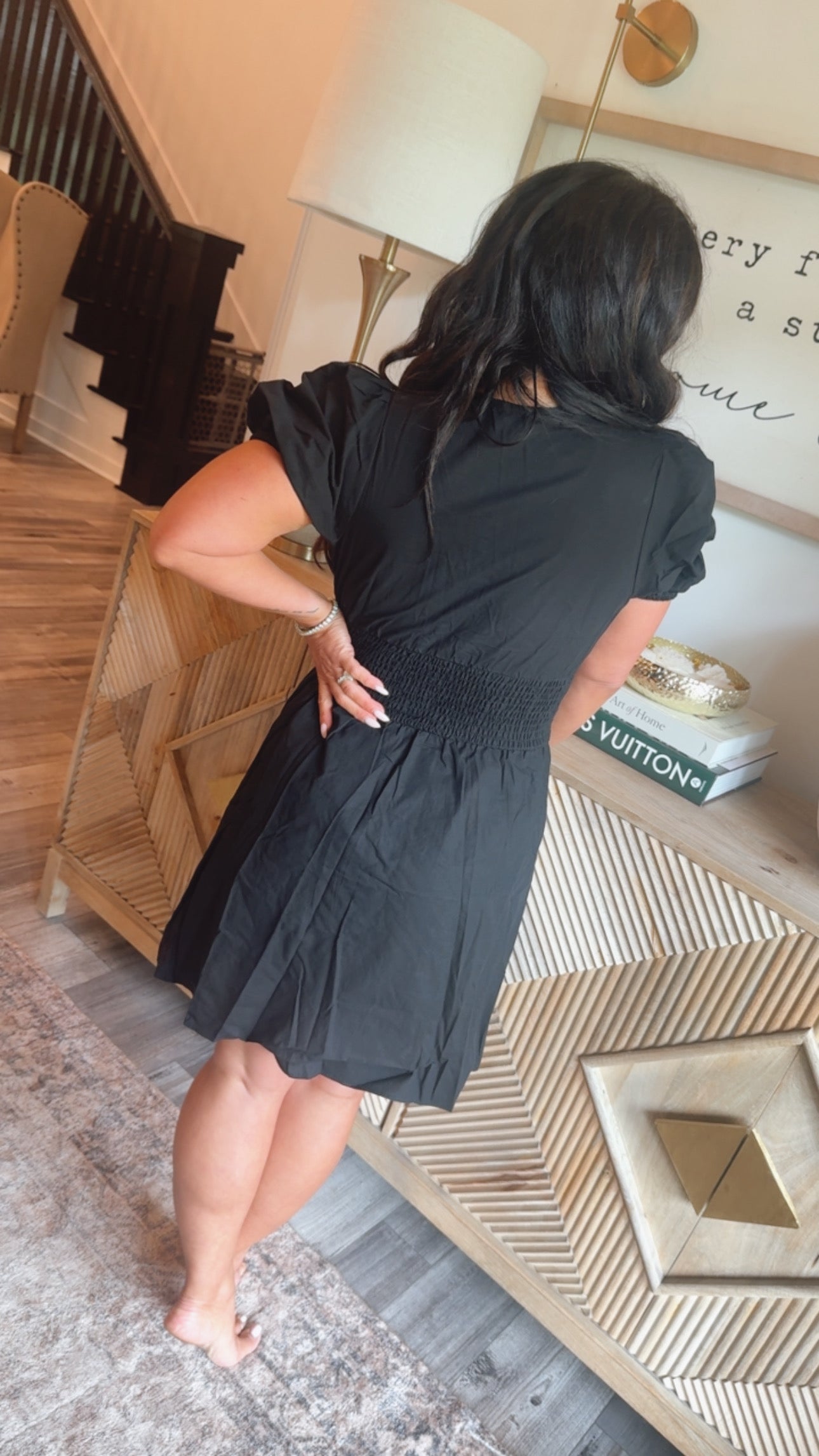 Black Puff Sleeve Smocked Waist Dress