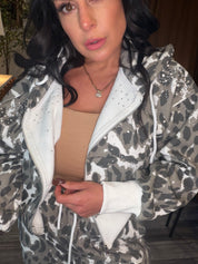 Diva Snow Leopard Crystal Embellished Two Peice Set Hodie and Joggers