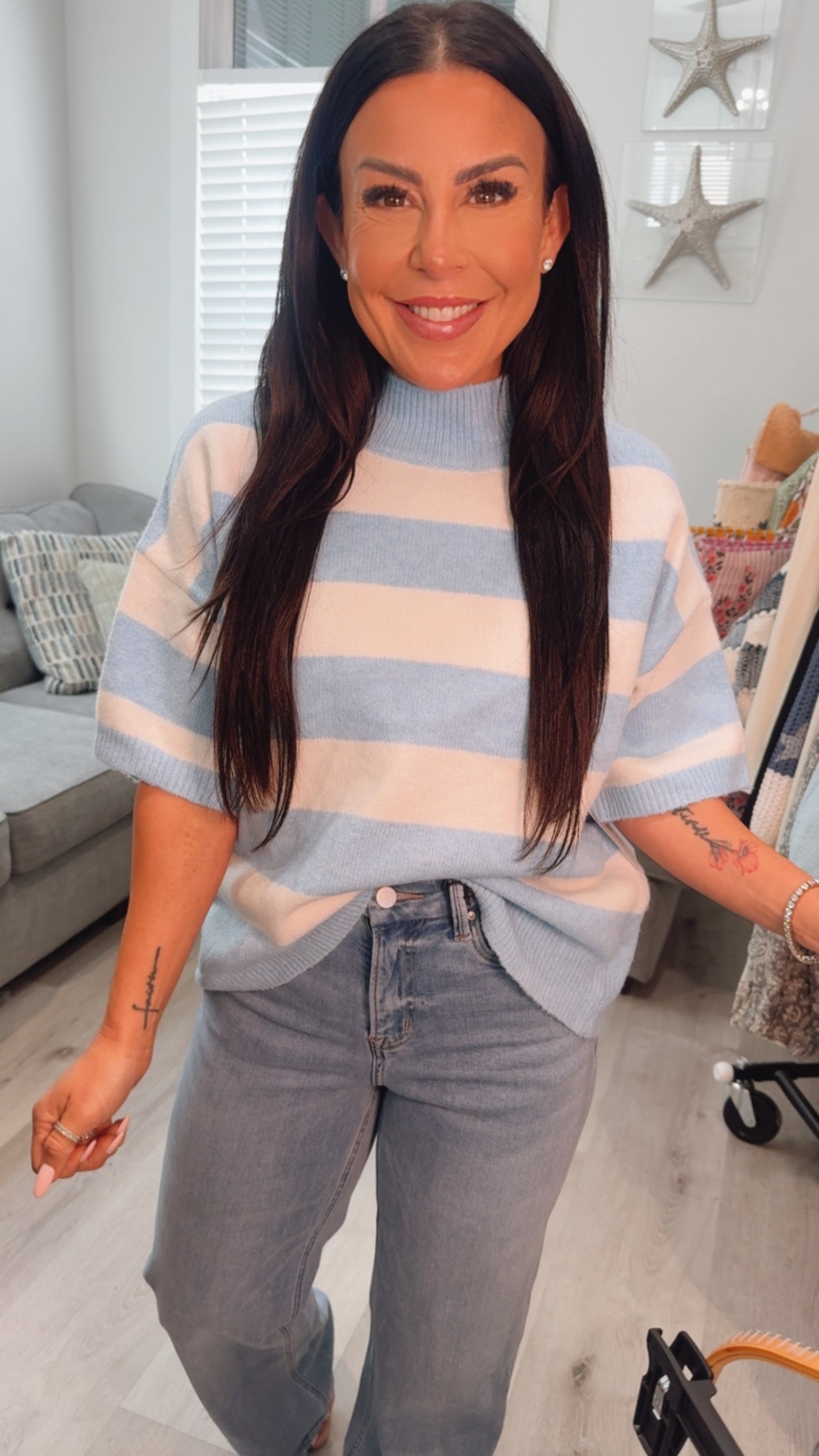 Cozy Co  Light Blue and White Striped Knit Mockneck Sweater