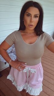 Pink And Stripe Ruffle Trim Shorts