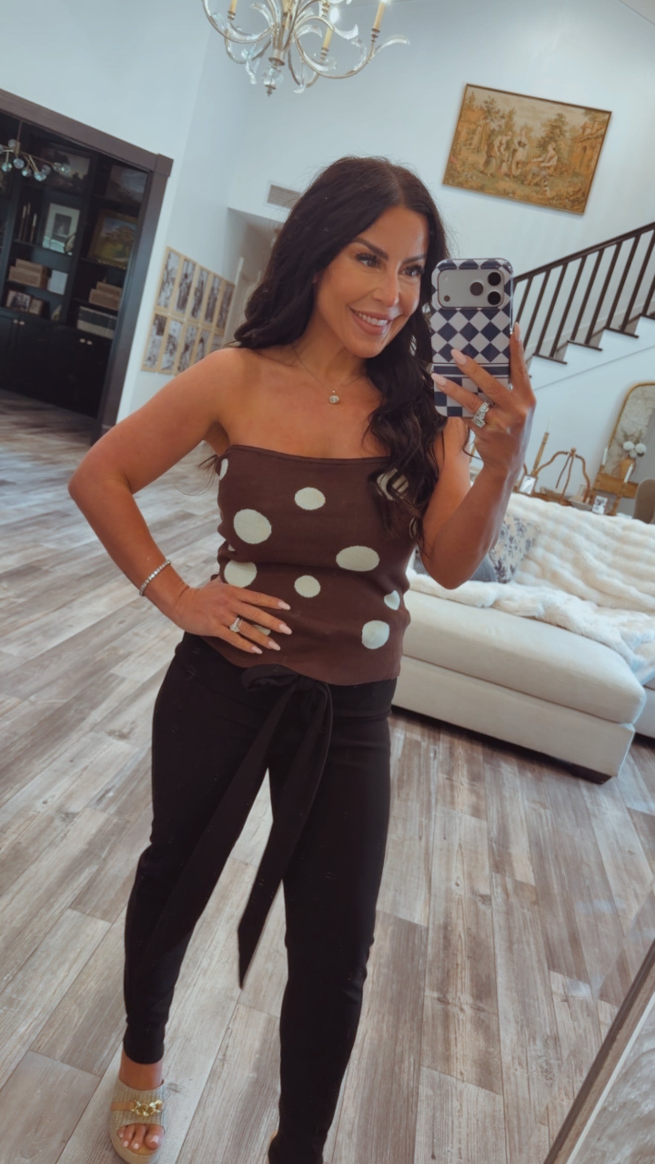 Brown and White Dot Knit Strapless Top