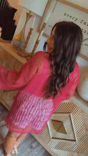 Chic HoT pink Knit Long Sleeve Cover Up Top
