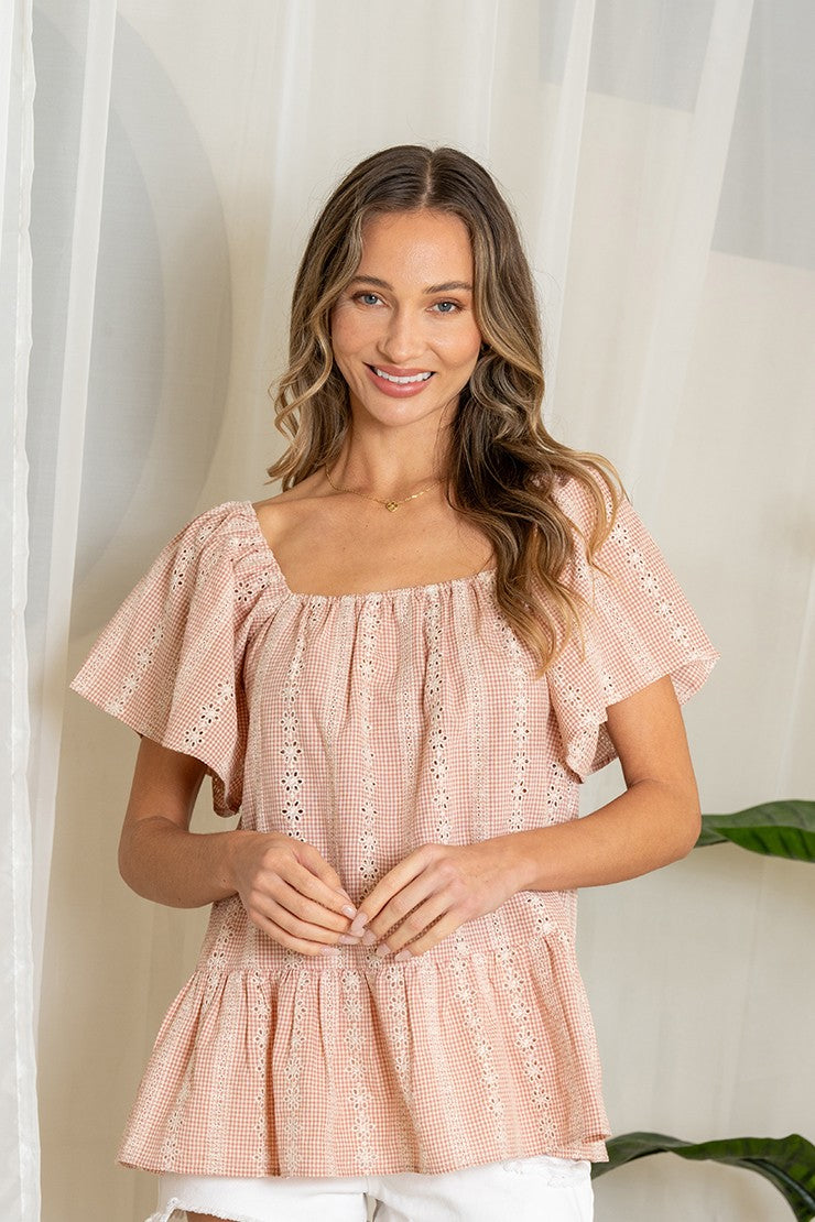 Flutter Short Sleeve Top Square Neck Eyelet