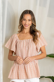 Flutter Short Sleeve Top Square Neck Eyelet
