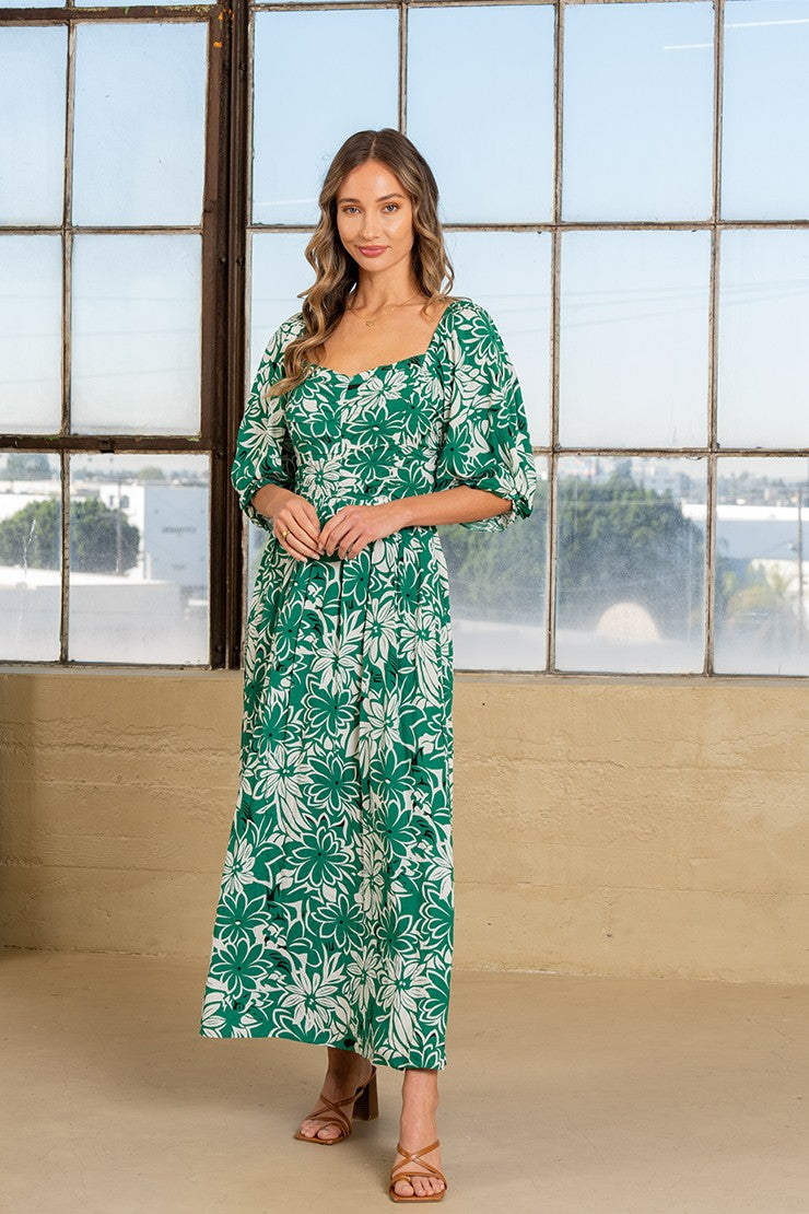 Green and White Puffed Sleeve Floral Print Maxi Dress