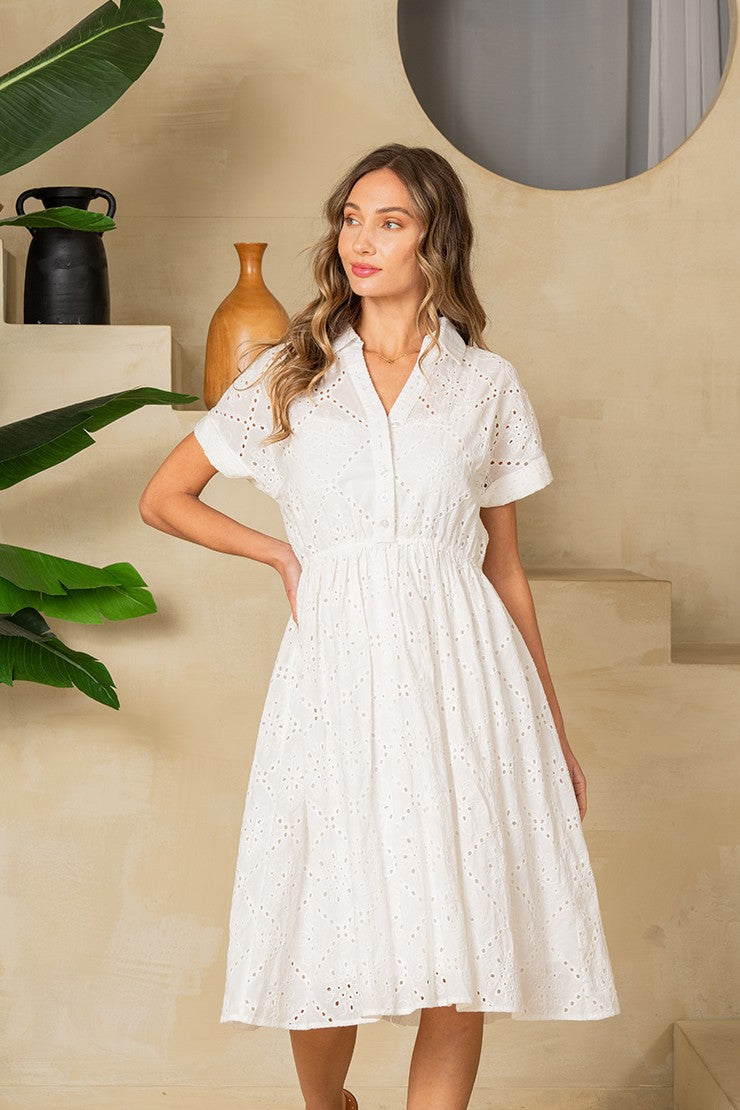 White Chic Eyelet Lace Collared Embroidered Dress