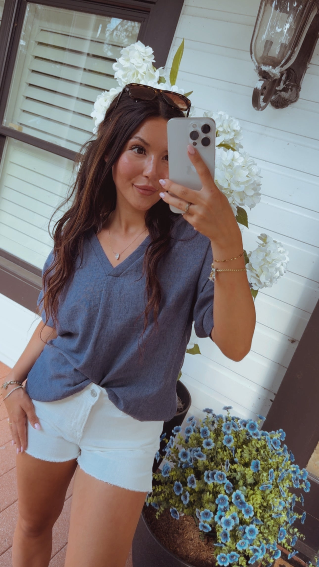 Chic Denim Blue Loose Fit Linen Top