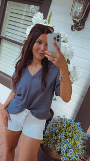 Chic Denim Blue Loose Fit Linen Top