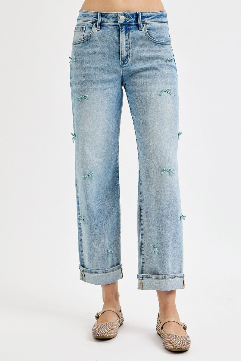 Risen High Rise-Crop Barrel-Ribbon Detail Jeans