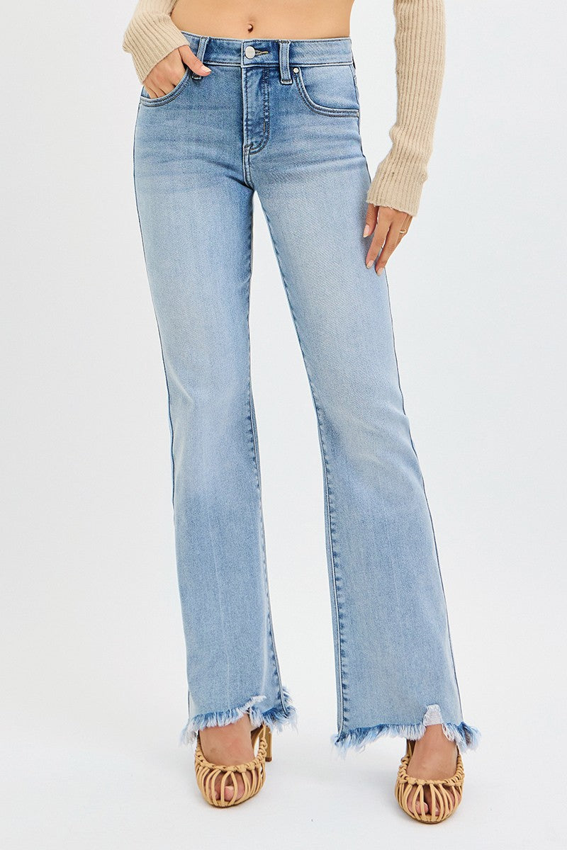 Risen Mid Rise Flare-Fray Hem Detailed Jeans