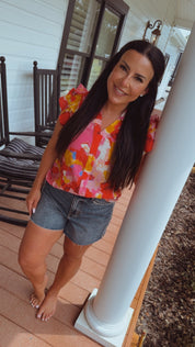 Red and Pink Watercolor Floral Ruffle Sleeve Top