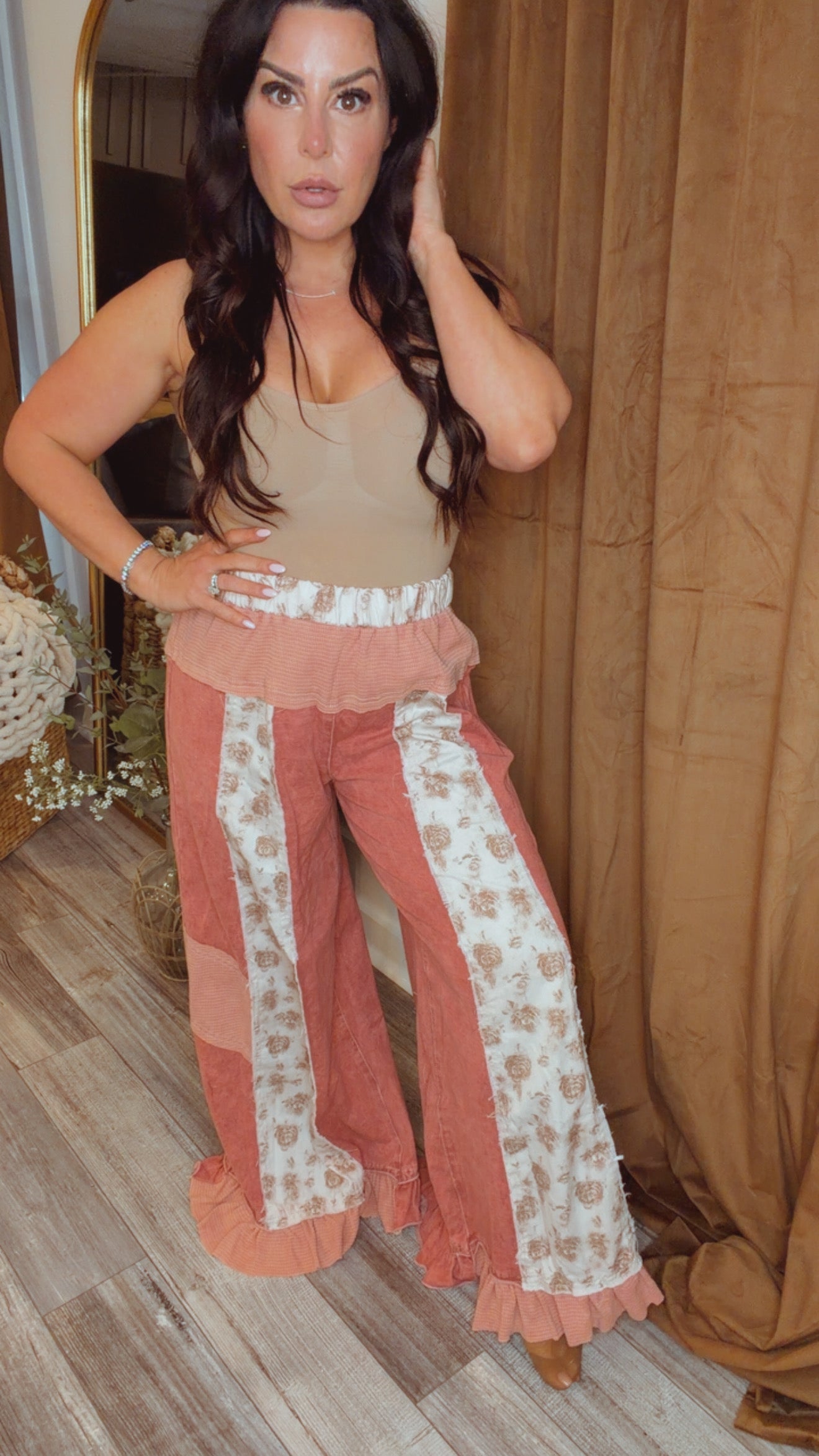 POL Scarlet Red and Floral Wide Leg Loose Fit Joggers