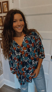 Navy and Rust Bubble Sleeve Vneck Top