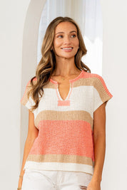 Coral and Mocha Knit Vneck Top