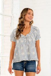 Denim Blue Puff Sleeve Embroidered Stripe Baby Doll Top