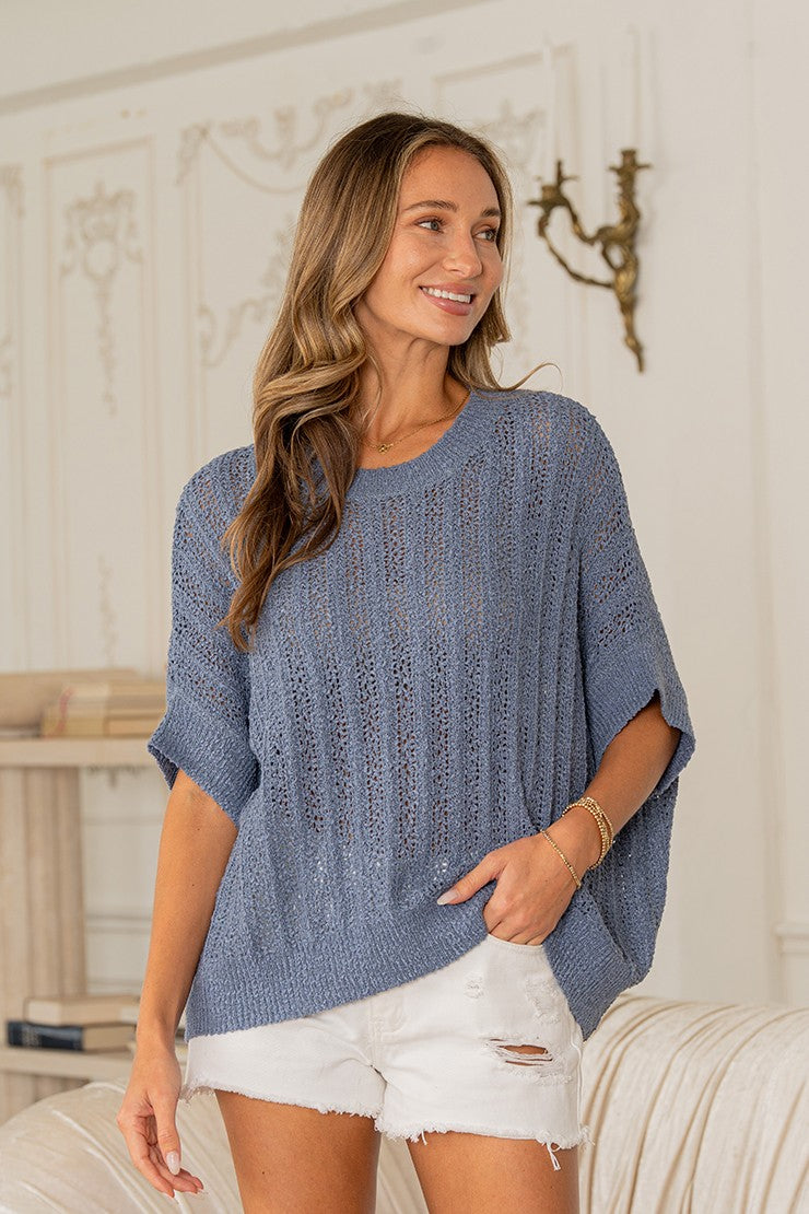 Chic Blue Dolman Sleeves Open Knit Top