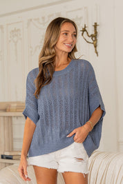 Chic Blue Dolman Sleeves Open Knit Top