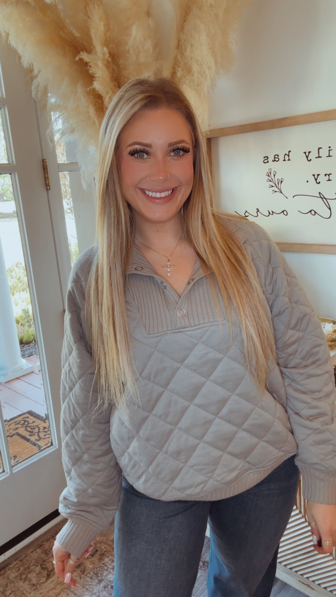 Stone Taupe Quarter Button Bubble Jacket