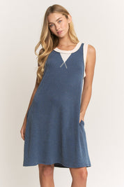 Indigo and Cream Sleeveless Ribbed Mini Dress