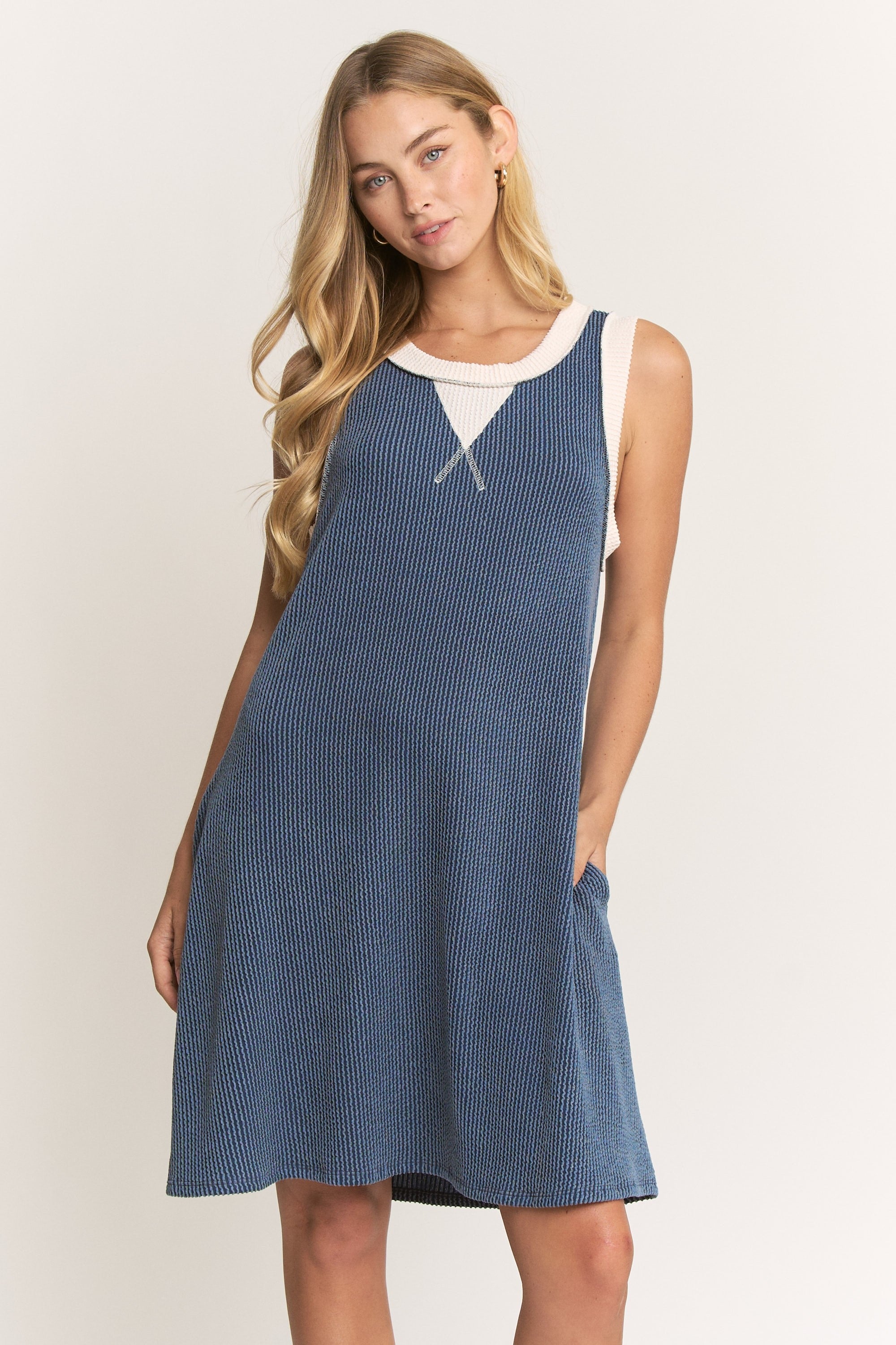 Indigo and Cream Sleeveless Ribbed Mini Dress