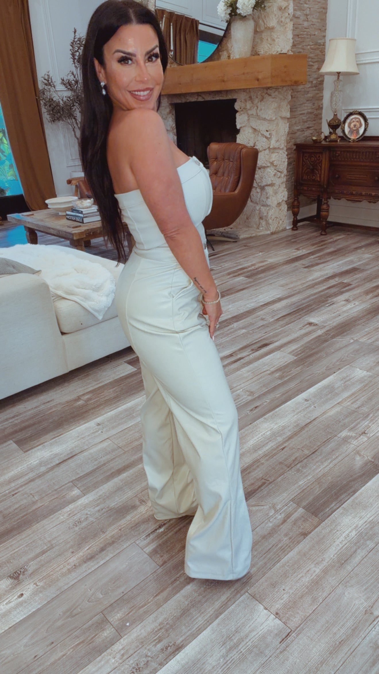 "High Society" Cream Vegan Leather Jumpsuit