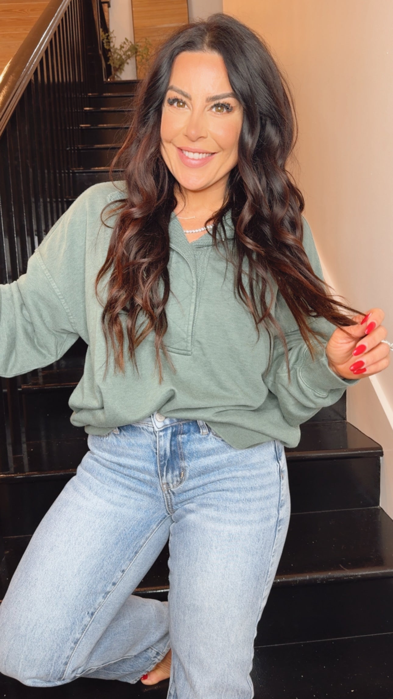 Raemode Cozy Green 1/4 Button Oversized Pullover